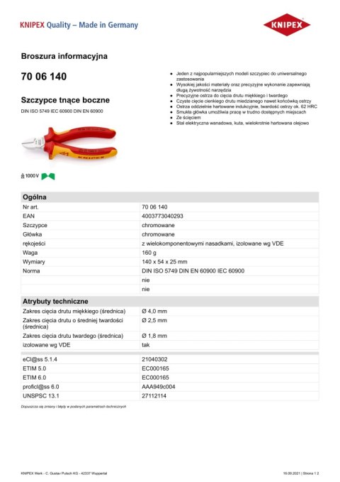 SZCZYPCE TNĄCE BOCZNE IZOLOWANE 140MM SZCZYPCE TNĄCE BOCZNE IZOLOWANE 140MM