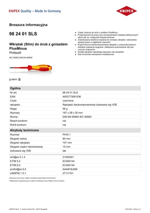 WKRĘTAK PHILLIPS SLIM Z IZOLACJĄ 80 MM PH1 KNIPEX WKRĘTAK PHILLIPS SLIM Z IZOLACJĄ 80 MM PH1 KNIPEX