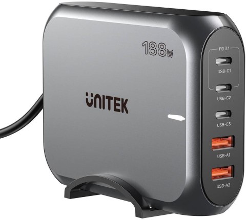 Ładowarka sieciowa Unitek 2xUSB-A 3xUSB-C GAN 188W Ładowarka sieciowa Unitek 2xUSB-A 3xUSB-C GAN 188W