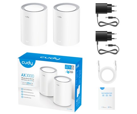 DOMOWY SYSTEM WI-FI MESH M3000(2-PACK) Wi-Fi 6 2.4 GHz, 5 GHz, 574 Mb/s + 2402 Mb/s CUDY DOMOWY SYSTEM WI-FI MESH M3000(2-PACK) Wi-Fi 6 2.4 GHz, 5 GHz, 574 Mb/s + 2402 Mb/s CUDY