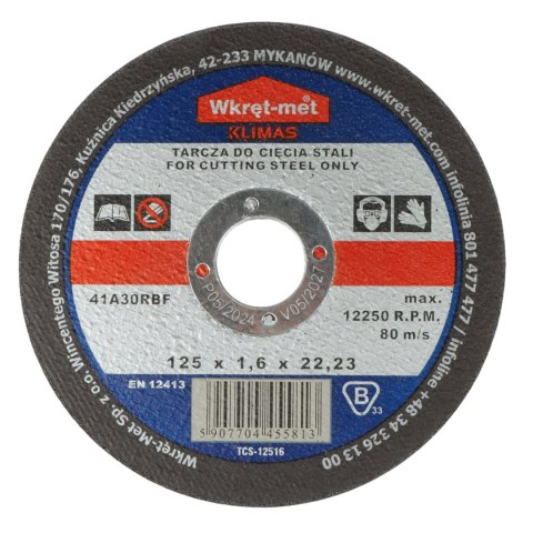 TARCZA KORUNDOWA DO CIĘCIA STALI TCS-12516 125 mm WKRĘT-MET KLIMAS TARCZA KORUNDOWA DO CIĘCIA STALI TCS-12516 125 mm WKRĘT-MET KLIMAS