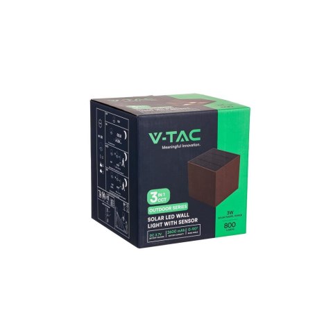 Oprawa Ścienna Solarna V-TAC 9W LED COB Brąz Corten Kostka 15x15cm IP65 Czujnik Ruchu VT-409CCT 3000K-4000K-5000K 800lm Oprawa Ścienna Solarna V-TAC 9W LED COB Brąz Corten Kostka 15x15cm IP65 Czujnik Ruchu VT-409CCT 3000K-4000K-5000K 800lm
