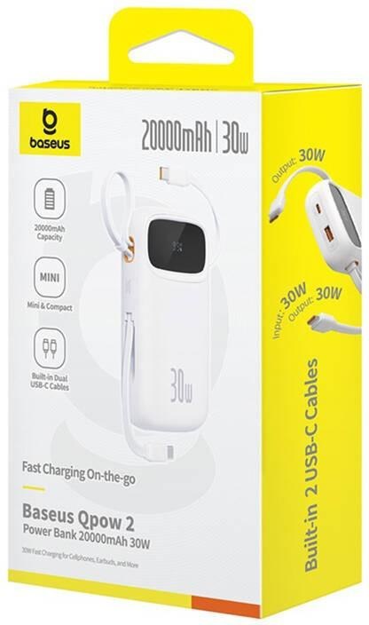 Powerbank Baseus QPow 2 10000mAh 30W z 2 wbudowanymi kablami USB-C - biały