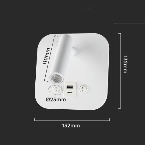 Oprawa LED V-TAC 8W COB CREE kinkiet biały hotel łóżko USB+USB C włącznik VT-80068-W 3000K 830lm 2 Lata gwarancji