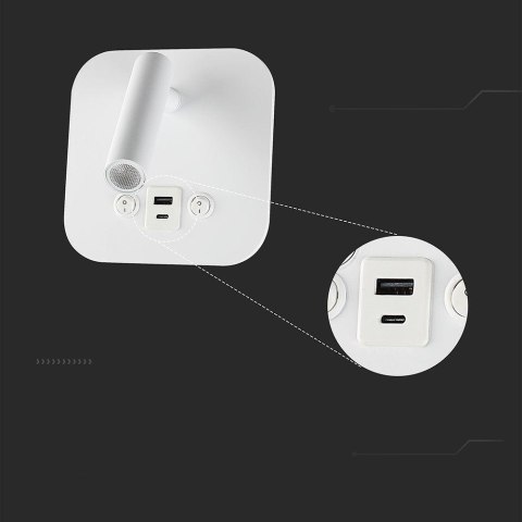Oprawa LED V-TAC 8W COB CREE kinkiet biały hotel łóżko USB+USB C włącznik VT-80068-W 3000K 830lm 2 Lata gwarancji