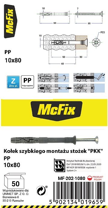 KOŁEK SZYBKI MONTAŻ STOŻEK PP 10*80MM MC FIX KOŁEK SZYBKI MONTAŻ STOŻEK PP 10*80MM MC FIX