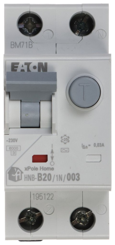 WYŁĄCZNIK RÓŻNICOWO-NADPRĄDOWY HNB-B20/1N/003 JEDNOFAZOWY, TYP AC 30 mA 20 A EATON