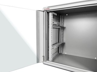 Szafka rack wisząca 19" 12U 600x450, niedzielona, drzwi szklane jednoskrzydłowe, tył osłona pełna, osłony boczne zamykane na klu