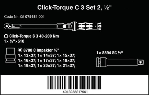 KLUCZ DYNAMOMETRYCZNY CLICK-TORQUE E C 3 SET 2, 40-200NM WERA KLUCZ DYNAMOMETRYCZNY CLICK-TORQUE E C 3 SET 2, 40-200NM WERA