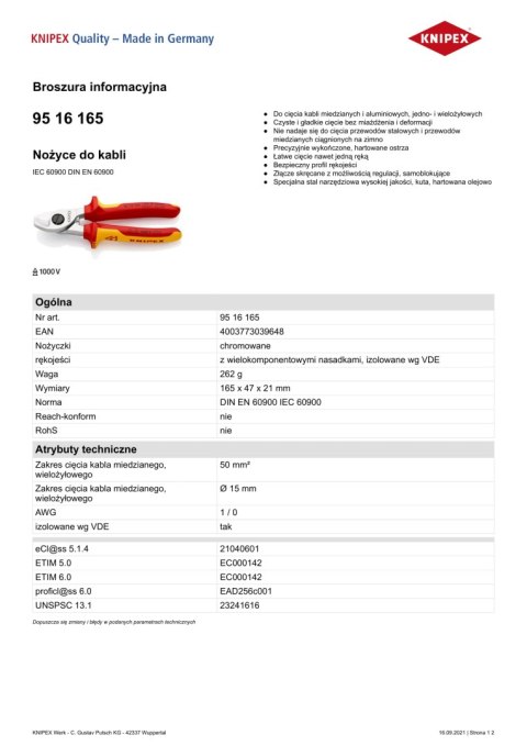 NOŻYCE DO KABLI IZOLOWANE 1000V 165MM KNIPEX NOŻYCE DO KABLI IZOLOWANE 1000V 165MM KNIPEX