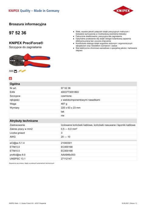 SZCZYPCE PRECIFORCE DO ZGNIATANIA 0,5 - 6,0 MM2 KNIPEX SZCZYPCE PRECIFORCE DO ZGNIATANIA 0,5 - 6,0 MM2 KNIPEX