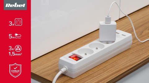 Przedłużacz sieciowy Rebel 3 gniazda + 2 gniazda USB z wyłacznikiem - 5m Przedłużacz sieciowy Rebel 3 gniazda + 2 gniazda USB z wyłacznikiem - 5m