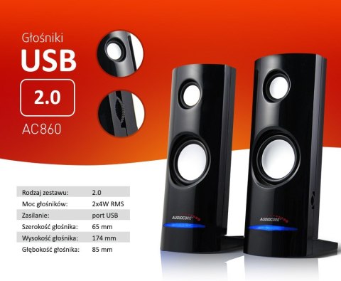 Głośniki komputerowe 8W USB Black Audiocore AC860 Głośniki komputerowe 8W USB Black Audiocore AC860