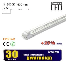 Świetlówka led 60cm 9w t8 6000k g13 zimna przezroczysta jednostronna