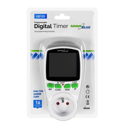 Włącznik czasowy - timer cyfrowy GreenBlue, 16 programów, max 240 programów, GB105 Włącznik czasowy - timer cyfrowy GreenBlue, 16 programów, max 240 programów, GB105