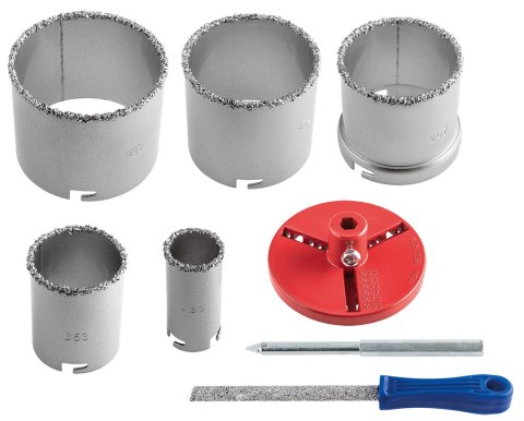 Otwornice wolframowe 32-83 mm, zestaw 5 szt. + pilnik Otwornice wolframowe 32-83 mm, zestaw 5 szt. + pilnik