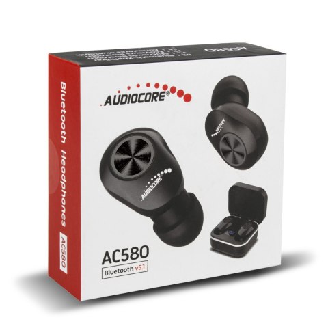 Douszne słuchawki TWS BT 5.1 Audiocore z bazą do ładowania 300mAh, słuchawki 30mAh, czarne AC580 Douszne słuchawki TWS BT 5.1 Audiocore z bazą do ładowania 300mAh, słuchawki 30mAh, czarne AC580