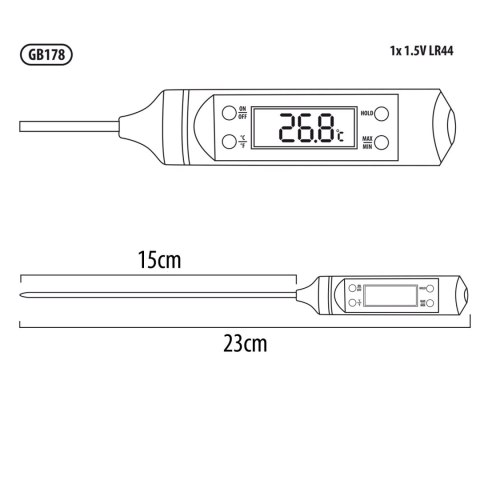 Termometr/sonda do żywności, GreenBlue, długość sondy 15cm, zakres temp. -50 st. C do +300 st. C., dokładność 0,1 st. C, GB178 Termometr/sonda do żywności, GreenBlue, długość sondy 15cm, zakres temp. -50 st. C do +300 st. C., dokładność 0,1 st. C, GB178