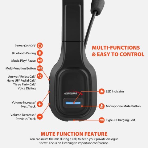 Słuchawki bluetooth ANC call center z mikrofonem Audiocore, QCC3020, ANC, AVRCP, A2DP, HSP, HFP, kodek SBC AAC, AC864 Słuchawki bluetooth ANC call center z mikrofonem Audiocore, QCC3020, ANC, AVRCP, A2DP, HSP, HFP, kodek SBC AAC, AC864