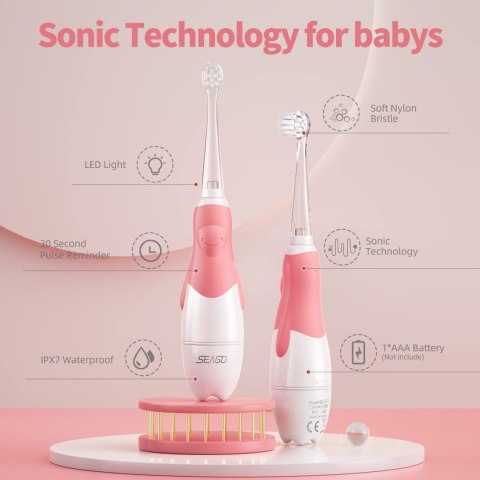 Szczoteczka soniczna dla dzieci SEAGO, kolor różowy, 1xAAA 1,5V (brak w zestawie), 4 końcówki, SG-513 Pink Szczoteczka soniczna dla dzieci SEAGO, kolor różowy, 1xAAA 1,5V (brak w zestawie), 4 końcówki, SG-513 Pink