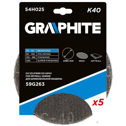 Siatka ścierna do gipsu na rzep 180 mm, K40, 5szt do szlifierki 59G263 Siatka ścierna do gipsu na rzep 180 mm, K40, 5szt do szlifierki 59G263