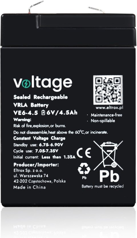 Akumulator AGM Voltage 6V 4,5Ah VE6-4.5 (Żywotność 6-9 lat) Akumulator AGM Voltage 6V 4,5Ah VE6-4.5 (Żywotność 6-9 lat)