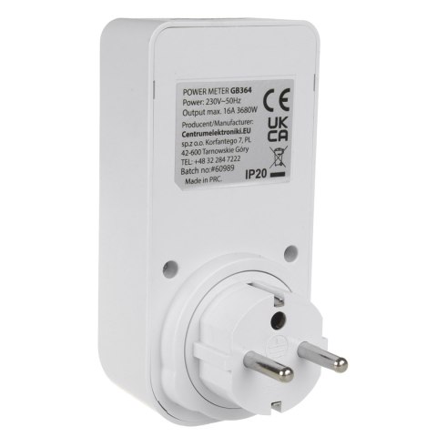 Miernik energii GreenBlue, watomierz, typ E, 220-240V AC, 50Hz, max. obciążenie 16A, IP20, wbudowana bateria, GB364 E Miernik energii GreenBlue, watomierz, typ E, 220-240V AC, 50Hz, max. obciążenie 16A, IP20, wbudowana bateria, GB364 E