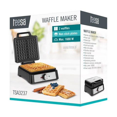 Gofrownica TEESA, 2 gofry, 1600W, inox, regulacja mocy Gofrownica TEESA, 2 gofry, 1600W, inox, regulacja mocy
