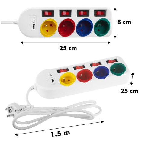 Listwa zasilająca Maclean, przedłużacz 4 gniazda + USB A / C, z włącznikami, 250VAC/10A, 1.5m, biała, MCE508 W Listwa zasilająca Maclean, przedłużacz 4 gniazda + USB A / C, z włącznikami, 250VAC/10A, 1.5m, biała, MCE508 W