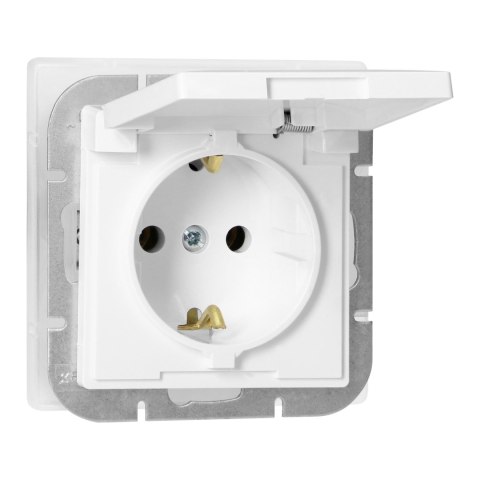 Gniazdo pojedyncze p/t 2P+Z Schuko bryzgoszczelne z klapką Pearl, 16A, 250V, PT-17PH, biały Gniazdo pojedyncze p/t 2P+Z Schuko bryzgoszczelne z klapką Pearl, 16A, 250V, PT-17PH, biały
