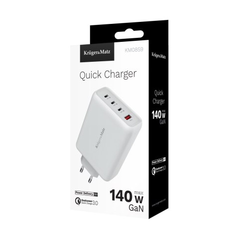 Ładowarka sieciowa Kruger&Matz 140 W GaN z funkcją Quick Charge i Power Delivery Ładowarka sieciowa Kruger&Matz 140 W GaN z funkcją Quick Charge i Power Delivery