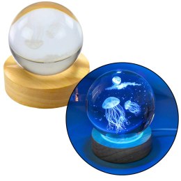Świecąca Kryształowa Kula 3D Meduza Lampka Drewniana Podstawka