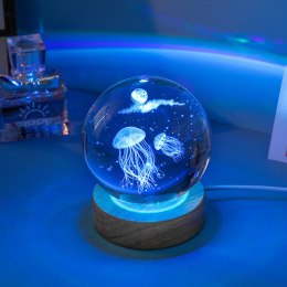 Świecąca Kryształowa Kula 3D Meduza Lampka Drewniana Podstawka