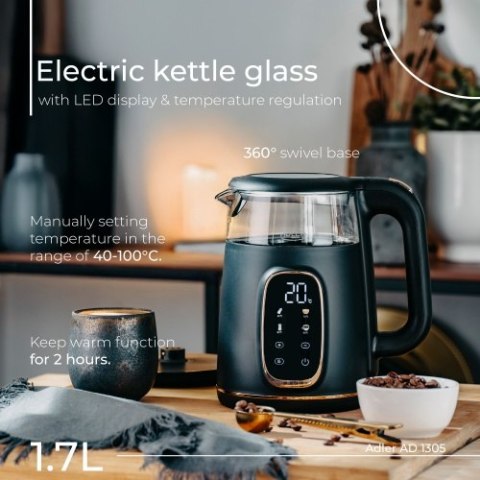 AD 1305 black gold Czajnik elektryczny szklany led z regulacją temperatury 1,7l AD 1305 black gold Czajnik elektryczny szklany led z regulacją temperatury 1,7l