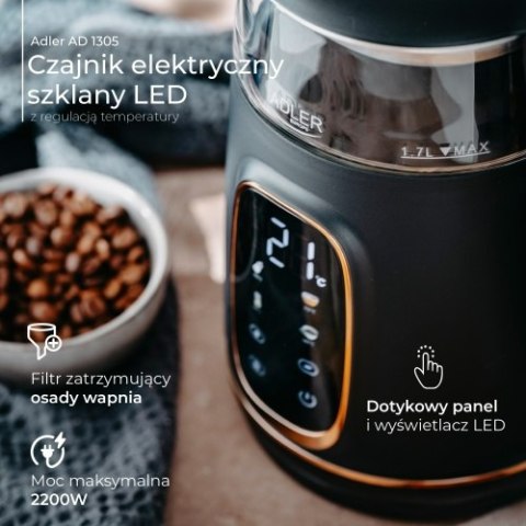 AD 1305 black gold Czajnik elektryczny szklany led z regulacją temperatury 1,7l AD 1305 black gold Czajnik elektryczny szklany led z regulacją temperatury 1,7l