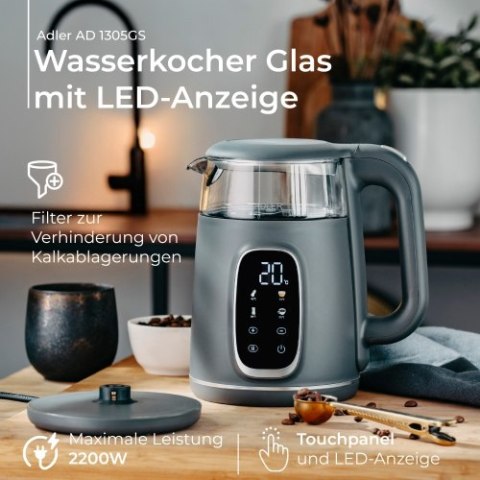 AD 1305 grey Czajnik elektryczny szklany led z regulacją temperatury 1,7l AD 1305 grey Czajnik elektryczny szklany led z regulacją temperatury 1,7l