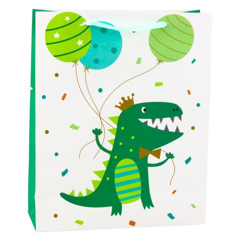 Torba Prezentowa Dinozaur Z Balonami Biało Zielona 32 x 26 x 10cm Torba Prezentowa Dinozaur Z Balonami Biało Zielona 32 x 26 x 10cm