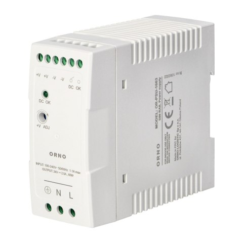 Zasilacz przemysłowy, na szynę DIN, 24VDC, 2,5A, 60W, w plastikowej obudowie Zasilacz przemysłowy, na szynę DIN, 24VDC, 2,5A, 60W, w plastikowej obudowie