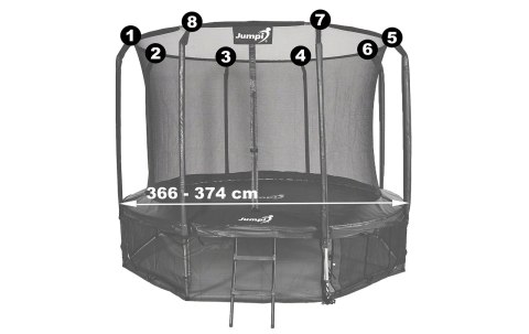 Siatka wewnętrzna do trampoliny z ringiem 12FT 374cm na 8 słupków JUMPI Siatka wewnętrzna do trampoliny z ringiem 12FT 374cm na 8 słupków JUMPI