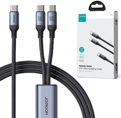 Kabel 2w1 USB-C / 2x USB-C Joyroom Speedy SA21-1T2 150cm 100W w oplocie czarny Kabel 2w1 USB-C / 2x USB-C Joyroom Speedy SA21-1T2 150cm 100W w oplocie czarny