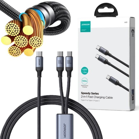 Kabel 2w1 USB-C / 2x USB-C Joyroom Speedy SA21-1T2 150cm 100W w oplocie czarny Kabel 2w1 USB-C / 2x USB-C Joyroom Speedy SA21-1T2 150cm 100W w oplocie czarny