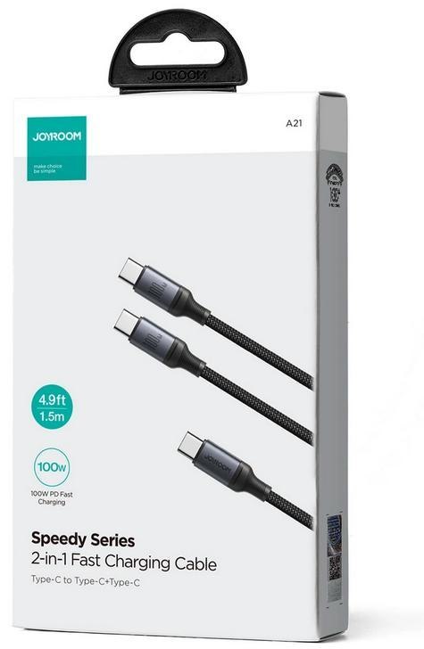 Kabel 2w1 USB-C / 2x USB-C Joyroom Speedy SA21-1T2 150cm 100W w oplocie czarny Kabel 2w1 USB-C / 2x USB-C Joyroom Speedy SA21-1T2 150cm 100W w oplocie czarny