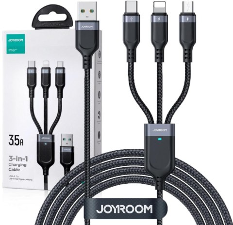 Kabel 3w1 USB-A / USB-C micro-USB Lightning Joyroom S-1T3018A18 30cm 3.5A w oplocie czarny Kabel 3w1 USB-A / USB-C micro-USB Lightning Joyroom S-1T3018A18 30cm 3.5A w oplocie czarny