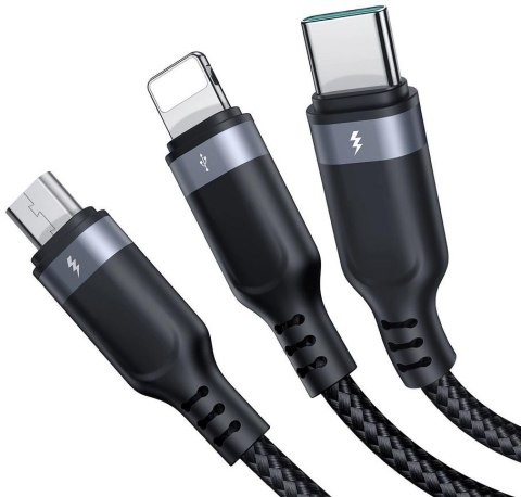Kabel 3w1 USB-A / USB-C micro-USB Lightning Joyroom S-1T3018A18 30cm 3.5A w oplocie czarny Kabel 3w1 USB-A / USB-C micro-USB Lightning Joyroom S-1T3018A18 30cm 3.5A w oplocie czarny