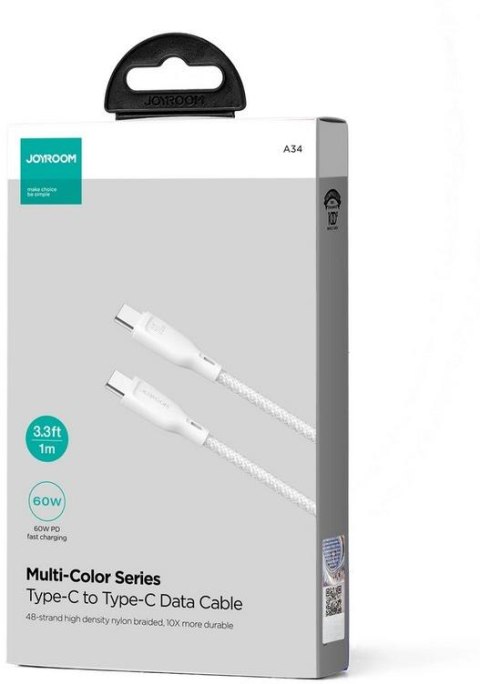 Kabel USB-C / USB-C Joyroom SA34-CC3 100cm 60W 5A PD w oplocie biały Kabel USB-C / USB-C Joyroom SA34-CC3 100cm 60W 5A PD w oplocie biały