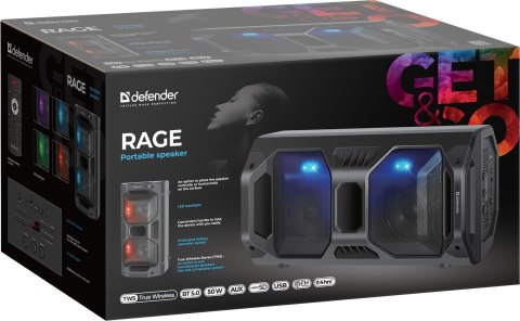 DEFENDER GŁOŚNIK BLUETOOTH 5.0 RAGE 50W LED/BT/FM/USB/MIC/TWS 65109 DEFENDER GŁOŚNIK BLUETOOTH 5.0 RAGE 50W LED/BT/FM/USB/MIC/TWS 65109
