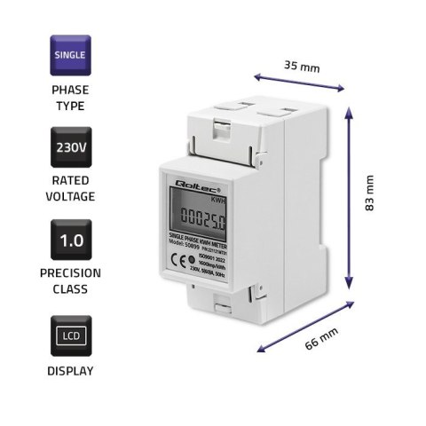 QOLTEC LICZNIK ZUŻYCIA ENERGII JEDNOFAZOWY NA SZYNĘ DIN | 230V | LCD | 2P QOLTEC LICZNIK ZUŻYCIA ENERGII JEDNOFAZOWY NA SZYNĘ DIN | 230V | LCD | 2P