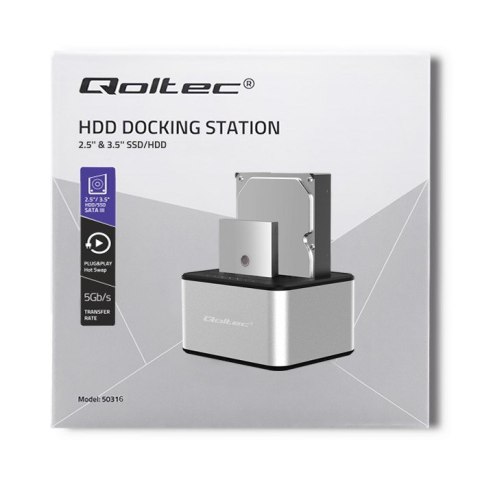 QOLTEC STACJA DOKUJĄCA DYSKÓW 2XHDD/SSD 2.5"/3.5" SATA | USB 3.0 | KLONOWANIE QOLTEC STACJA DOKUJĄCA DYSKÓW 2XHDD/SSD 2.5"/3.5" SATA | USB 3.0 | KLONOWANIE