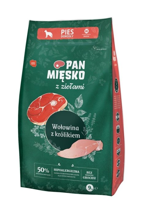 PAN MIĘSKO Wołowina z królikiem (dorosły) chrupki M - Karma sucha dla psa - 9kg PAN MIĘSKO Wołowina z królikiem (dorosły) chrupki M - Karma sucha dla psa - 9kg