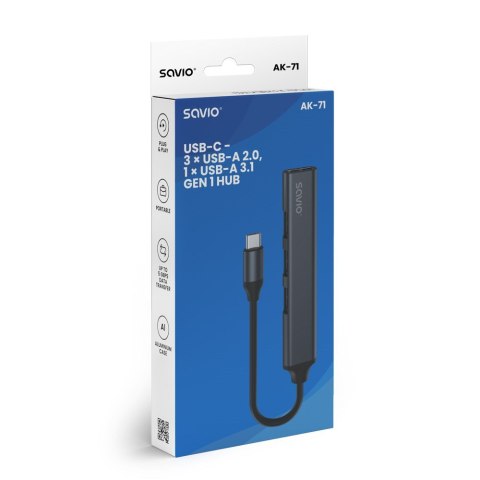 SAVIO HUB USB-C - 3 X USB-A 2.0, 1 X USB-A 3.0, SZARY, AK-71 SAVIO HUB USB-C - 3 X USB-A 2.0, 1 X USB-A 3.0, SZARY, AK-71